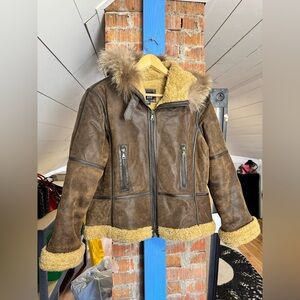 A.N.A. Brown Leather Bomber Parka Jacket